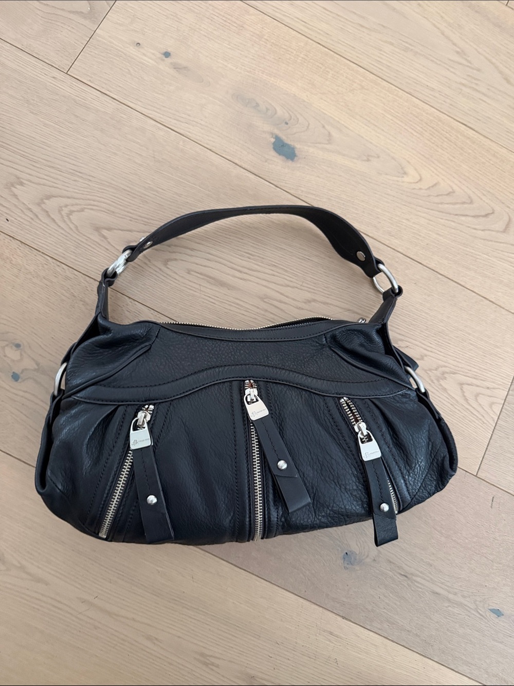 B. Makoksky Black Leather Shoulder Bag with Front Zip Detail (NWT)